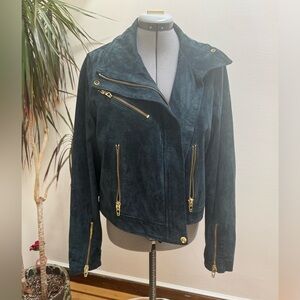 [BLANKNYC] Navy Blue Suede Leather Moto Jacket - Gold Hardware
